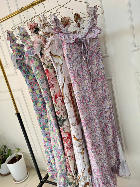 Spring Floral Ruffle Straps Side Slit Dresses